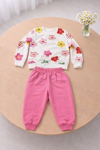 nazarbebe Baby Girl Floral Patterned Sweatshirt & Pink Sweatpants Set (1-4 Ye...