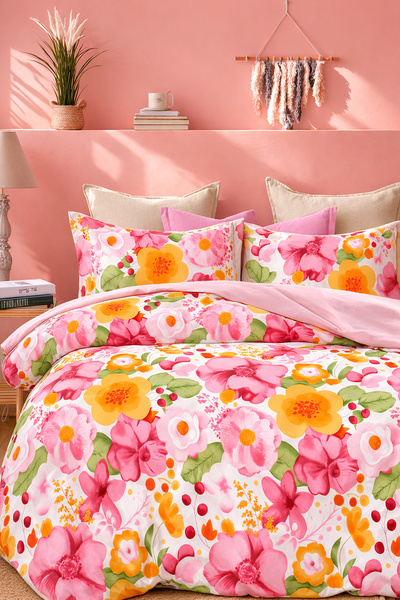 İQON طقم غطاء لحاف مطاطي مزدوج اللون اللوتس السلمون