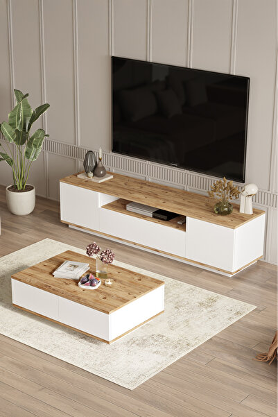 Yurudesign Future Tv Ünitesi Orta Sehpa 2'li Set Çam-beyaz Fr17-aw