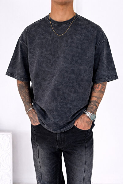 İLKCET MODA Yıkama Detail Füme Oversize Unisex česané bavlnené tričko