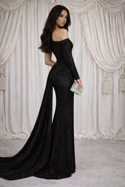 HESİODOS Evening Gown, Evening Dress Women's Dress, Graduation Dresses, Wedding Engagement Dresses, Black with Stones and Glittery