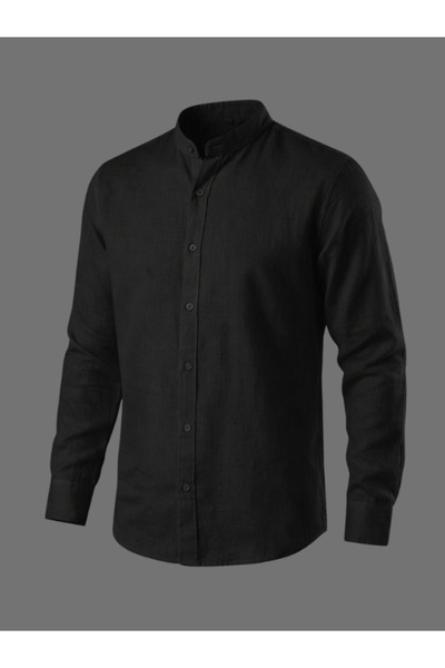 WAMOSSALAPLI Hakim Yaka Uzun Kollu Tam Düğmeli Keten Gömlek