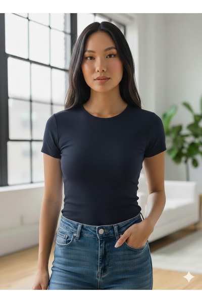 Maison La Femme Ženska majica kratkih rukava, pripijena, kratka, tamnoplava