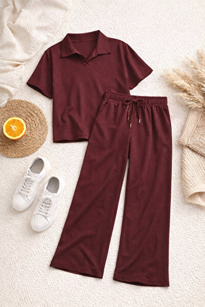 OTAKU Set de pantaloni tricou cu guler polo din țesătură modal cu buzunar dub...