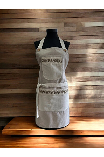 NDC HOME مريلة مطبخ ذات طبقة مزدوجة من الكتان ذات اللون الكريمي البيج بتصميم ...