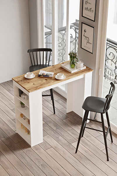 Yurudesign Style Bar Masası Mutfak Yemek Masası Atlantik Çam-beyaz St1-aw