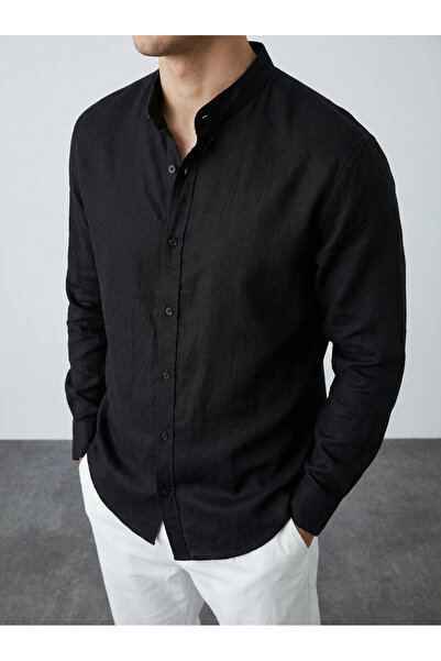 WAMOSSALAPLI Mandarin Collar Long Sleeve Fully Buttoned Linen Shirt
