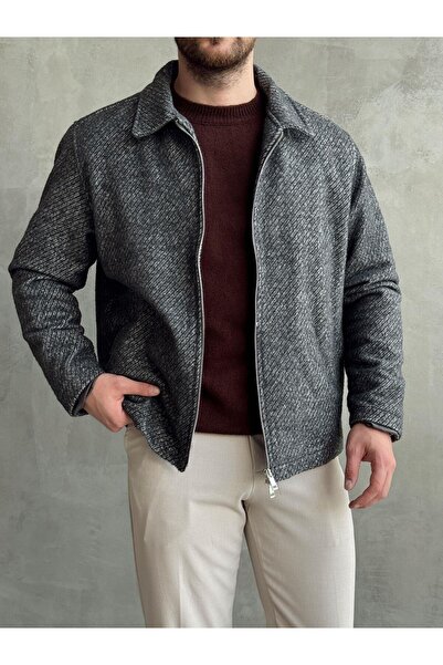 HAVANO Erkek Füme Kısa Dokulu Mevsimlik Kaşe Ceket Regular Fit Fermuarlı Mont