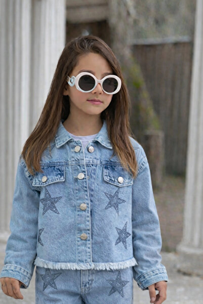 DUDOR KİDS Kız Çocuk Taşlı Yıldızlı Kot Ceket-Jeans Ceket/Kot Mont-Jeans Mont...