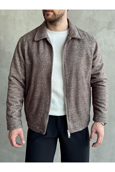 HAVANO Erkek Kahverengi Kısa Dokulu Mevsimlik Kaşe Ceket Regular Fit Fermuarl...