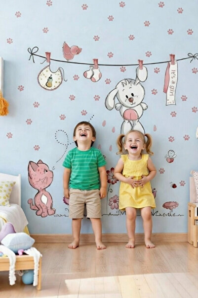 KT Decor Pink Cartoon Cat Rabbit Flower Kids and Baby Room Wall Sticker Set