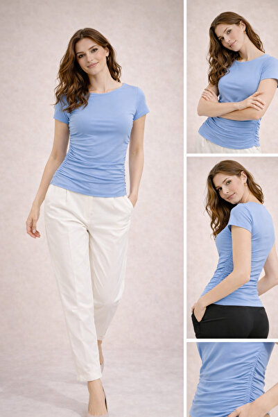 MY JOSHUA Γυναικεία μπλούζα με λαιμόκοψη καγιάκ Με σούρες