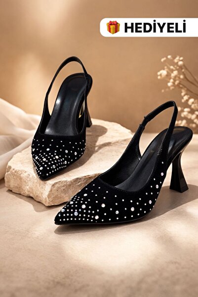 SM SHOES ✨ Siyah Taşlı İnce Topuklu Slingback Ayakkabı – Zarif ve Şık Gece St...