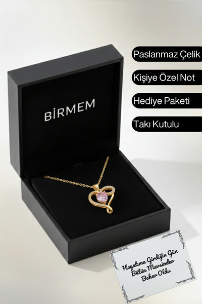 Birmem Kadın Pembe Kalp Detaylı Çelik Gold Kolye - Sevimli Ve Romantik Takı