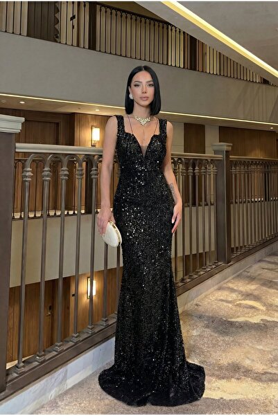 ALFUDO Moda Collection Trend Band Kol Kadife Balık Elbise Siyah