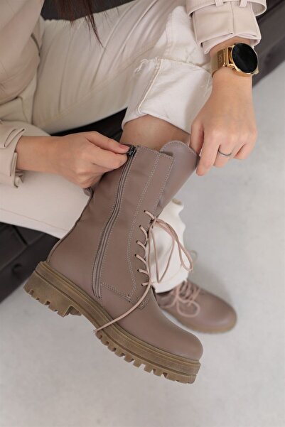 NILUFARR Milano Vizon Hakiki Deri Bağcıklı Kadın Postal