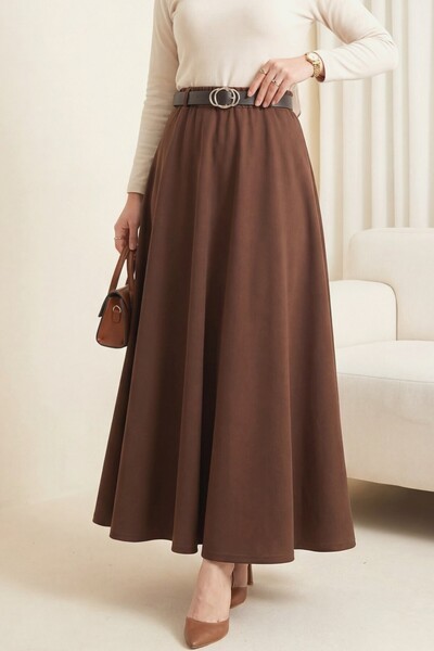 Modamorfo Beli Lastikli Kemerli Salaş Etek -Kahve