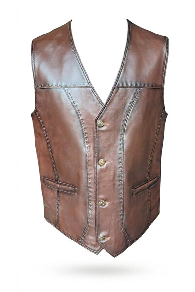 Savran Deri Men's Leather Vest with Genuine Leather Points