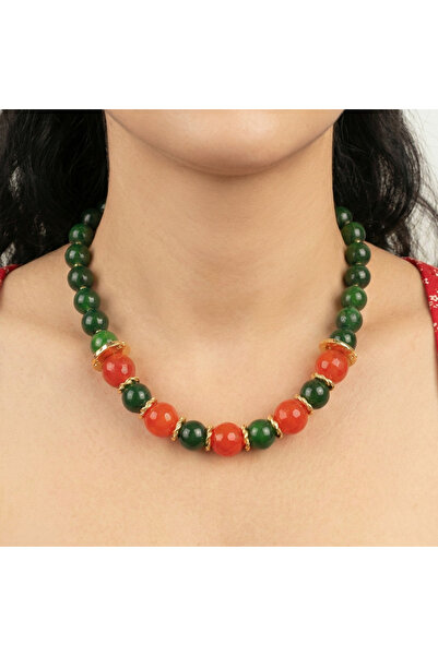 elinasaccessories Kadın Altın Renk Doğal Taş Akik Kolye Yeşil Turuncu Boncukl...