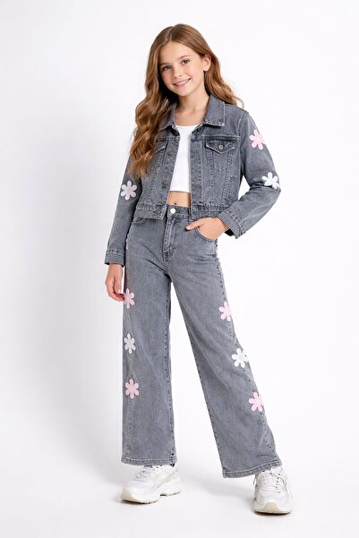 Cansın Mini Κοριτσίστικο τζιν σετ με καπνιστό μπουφάν με Με φλοράλ μοτίβο κου...