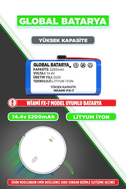 GLOBAL BATARYA Wiami Fx7 Akıllı Robot Süpürge Bataryası 14.4V 3200Mah Pil (Yü...