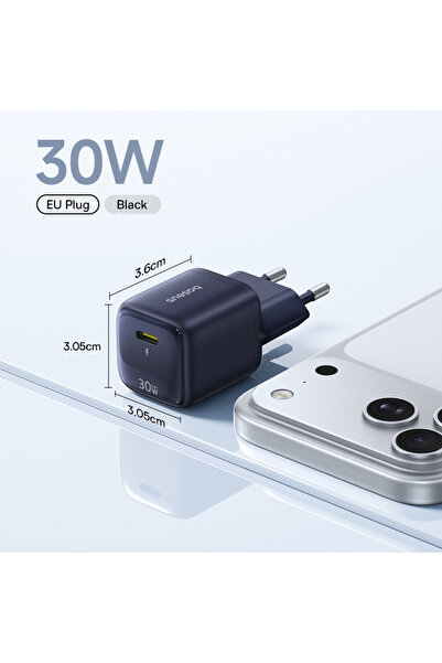 Baseus شاحن GaN أسود اللون بقوة 30 واط، مزود بقابس أوروبي، يدعم تقنية الشحن ا...