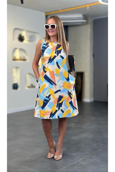 DISHI FASHİON Lacivert Mavi Fırça Desen Kolsuz Çan Elbise