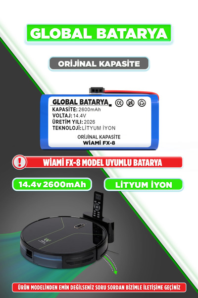GLOBAL BATARYA Wiami Fx-8 Uyumlu Akıllı Robot Süpürge Bataryası 14.4V 2600Mah...