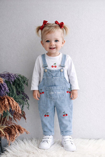 minilkabebe Kiraz Desen Kız Denim Salopet &Beyaz Kiraz Baskılı Body 6-24 Ay