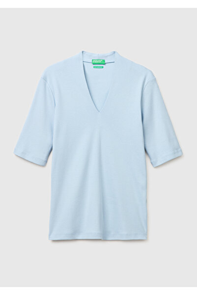United Colors of Benetton Γυναικείο ανοιχτό μπλε μπλουζάκι από 100% βαμβάκι μ...