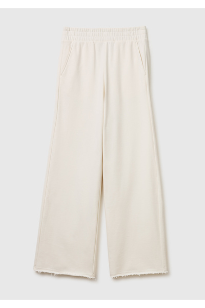 United Colors of Benetton Women's cream cotton blend wide leg comfort fit swe...