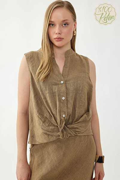 Vitrin 100% Linen Button Front Gathered Blouse