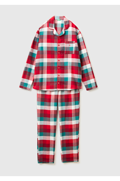 United Colors of Benetton Men's Red Plaid 100% Cotton Plaid Pajama Set