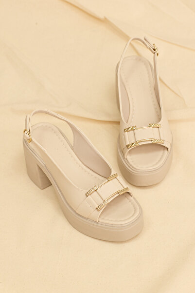 Tonny Black Women's Beige High Sole Comfortable Buckled Heels Sandals