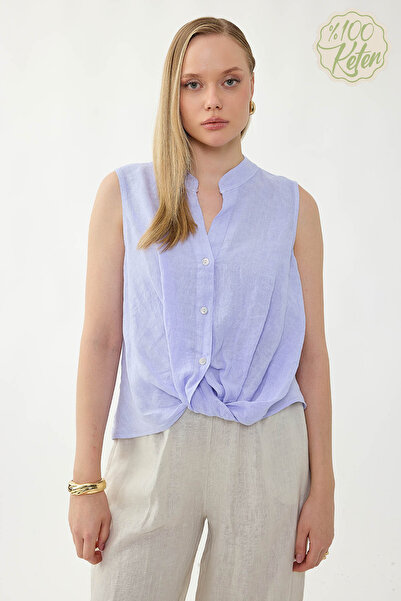 Vitrin 100% Linen Button Front Gathered Blouse