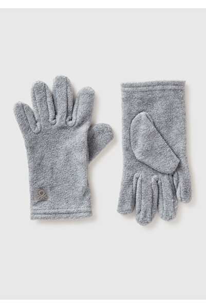 United Colors of Benetton Boy's Gray Melange Gloves with Logo Detail
