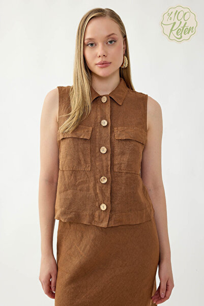 Vitrin 100% Linen Button-Down Shirt with Cover Pockets