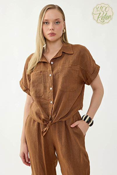 Vitrin 100% Linen Short Sleeve Shirt with Cover Pockets and Tie Front