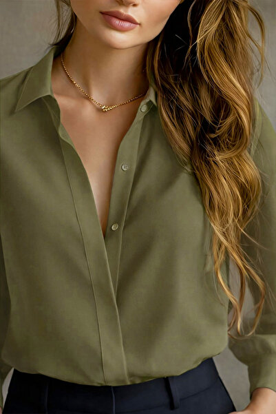 TRENDBUTİKOFFİCİAL دبي كريب قميص قماشي - أخضر زيتوني