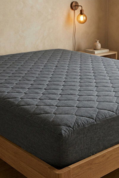 Nart Home Yatak Alezi Pamuklu Kapitone Fitted Full Kenar Sıvı Geçirmez Yatak Koruyucu Gri