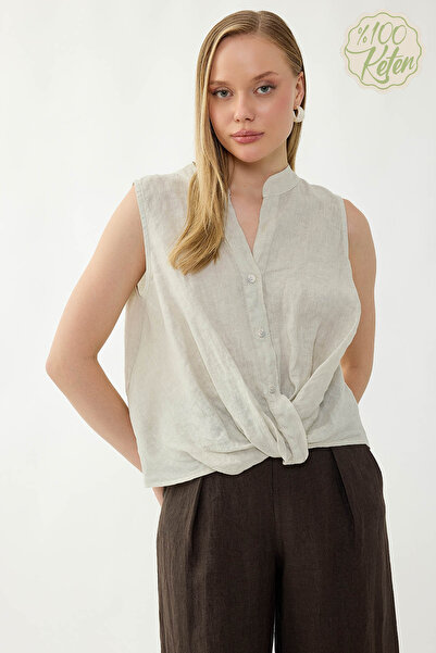 Vitrin 100% Linen Button Front Gathered Blouse