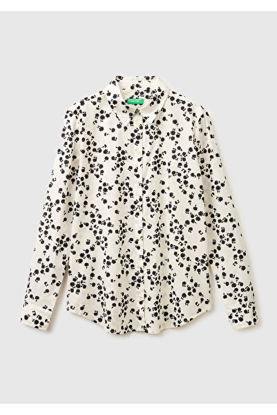 United Colors of Benetton Women's khaki 100% Cotton Patterned regular fit shirt