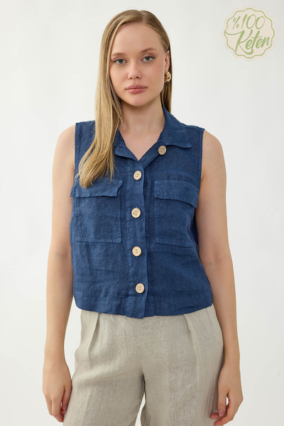 Vitrin 100% Linen Button-Down Shirt with Cover Pockets