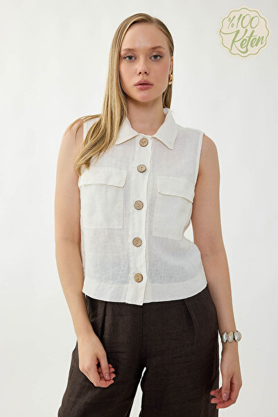 Vitrin 100% Linen Button-Down Shirt with Cover Pockets