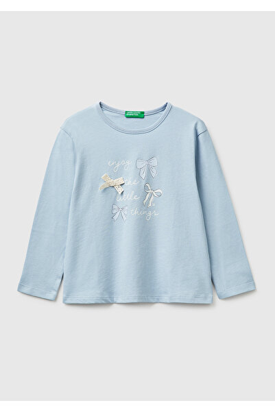 United Colors of Benetton Girl's Ice Blue Printed Long Sleeve Crew Neck T-Shirt