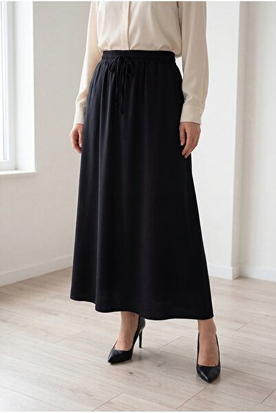 MİHRA STORE Lunona Çift Cepli Keten Etek-MA8256 Siyah