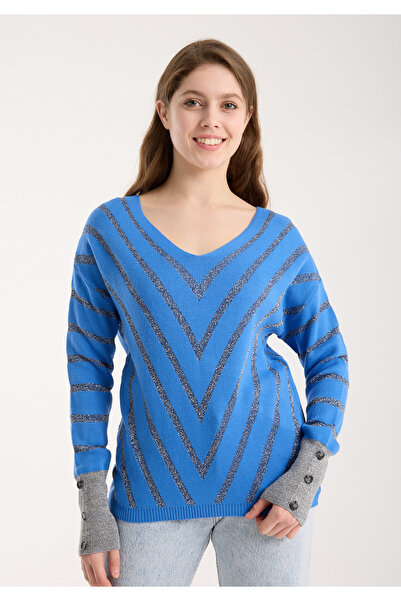 Moda Days Pulover de tricotat cu model confortabil, cu dungi cu sclipici alba...