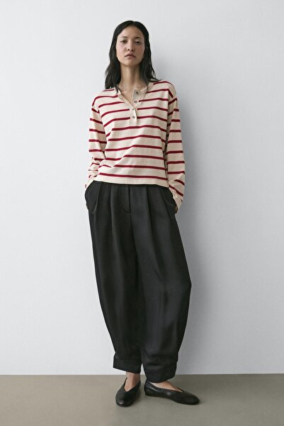 Massimo Dutti Pamuklu düğmeli yaka çizgili triko kazak