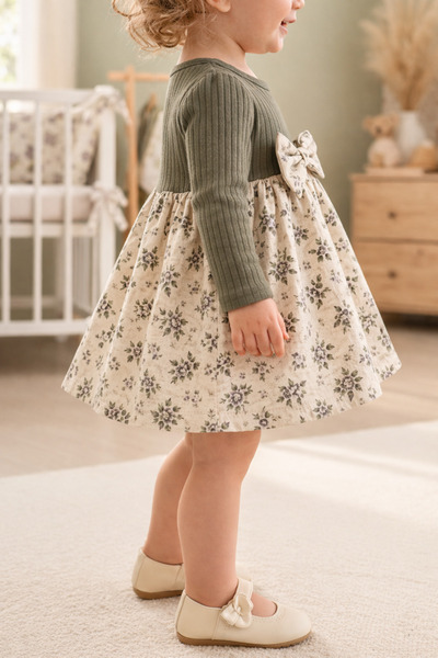 genybaby Baby Girl Knitwear Top and Floral Patterned Skirt Dress - Long Sleeve Stylish Model
