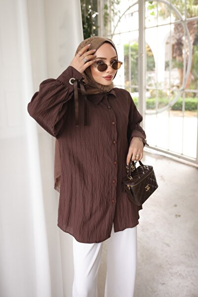 İmajButik Καφέ πουκάμισο με μανίκια Με δέσιμο